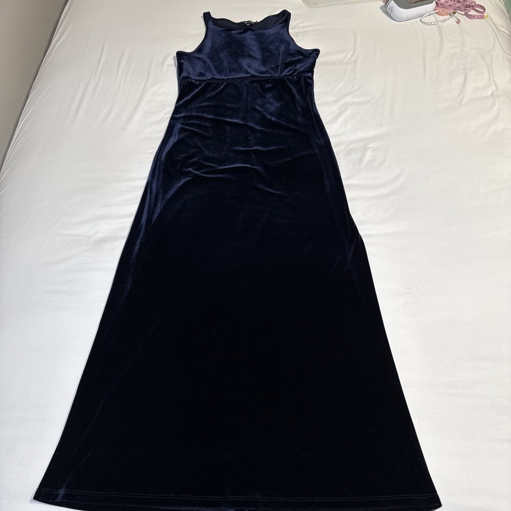 Vtg Y2K 90s My Michelle Navy Velvet Maxi L Dress Whimsigoth Witchy Stretch EUC